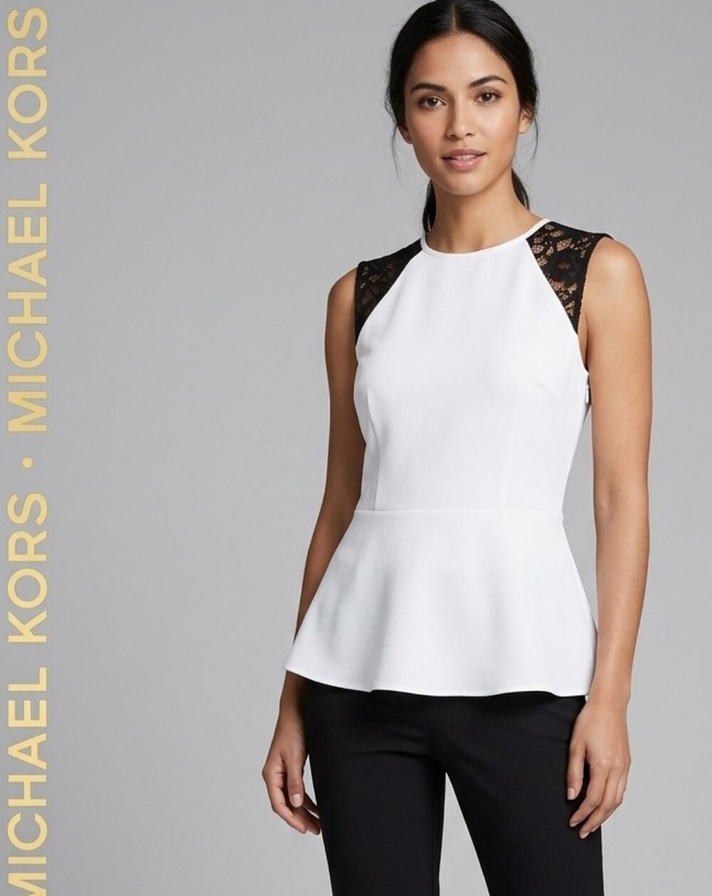 Michael Kors White Peplum Top with Black Lace Accents